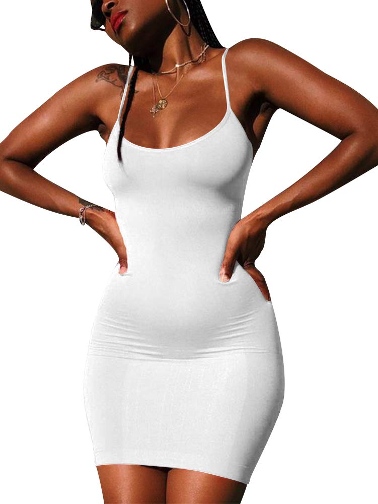LCNBA Sexy Spaghetti Strap Tank Dress Basic Backless Bodycon Club Party Mini Dress M White - Image 4